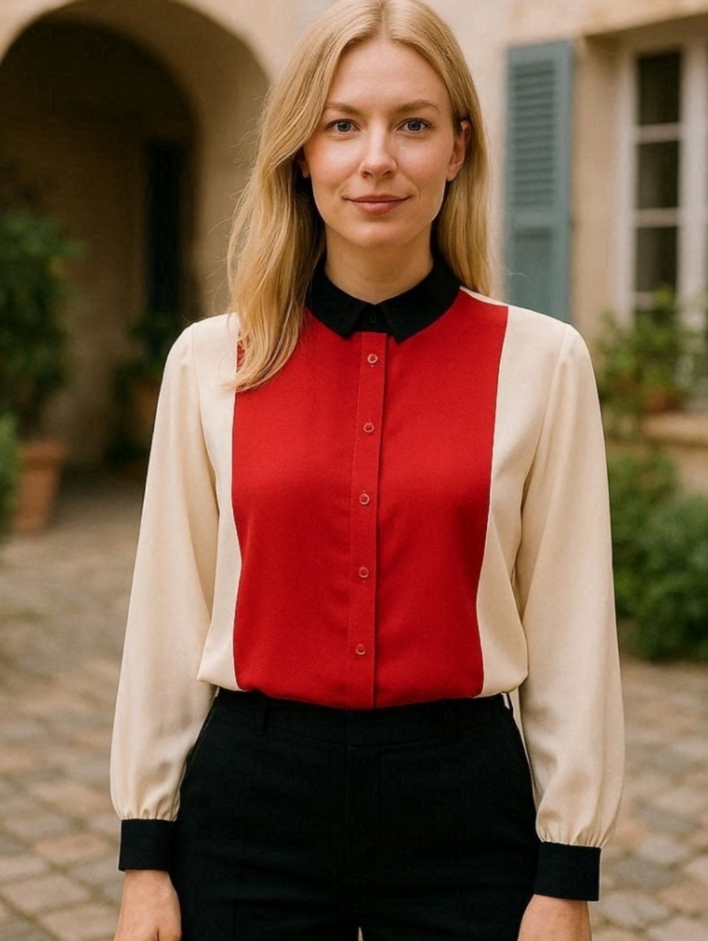 Vintage Colorblock Button-Front Blouse in Red, Cream & Black Chiffon Feel size L
